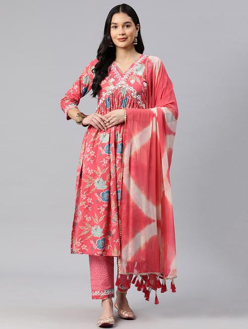 women coral v neck kurta pant set with dupatta - 20615833 - Very Small Image - 1