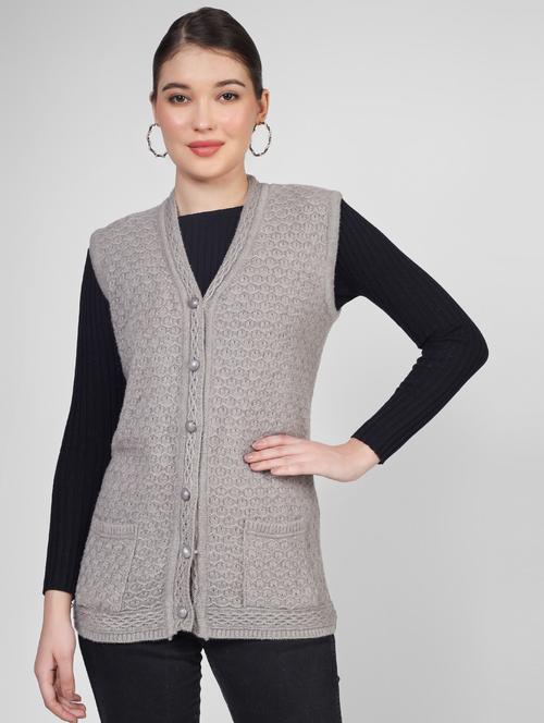 women sleeveless self design wool cardigan - 20618067 - Very Small Image - 1