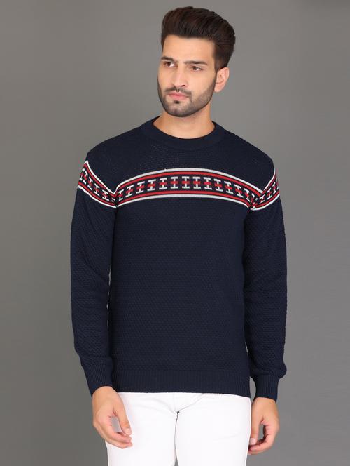 navy blue self design long sleeve pullover - 20619556 - Very Small Image - 1