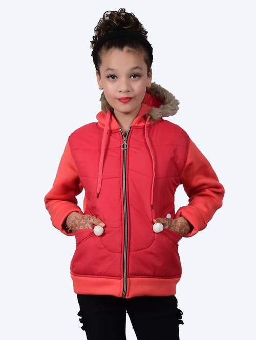 girls red fleece solid hooded jacket - 20620501 - Very Small Image - 1