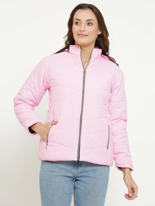 light pink solid quilted regular hooded jacket - 20620558 - Very Small Image - 1