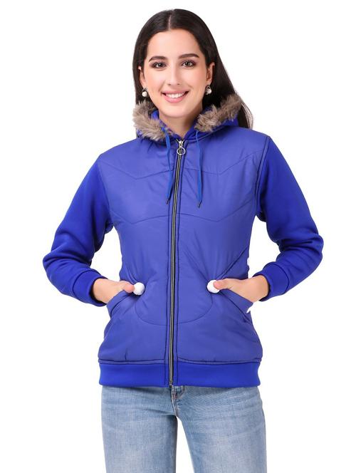 blue solid furr detailed hooded jacket - 20620559 - Very Small Image - 1
