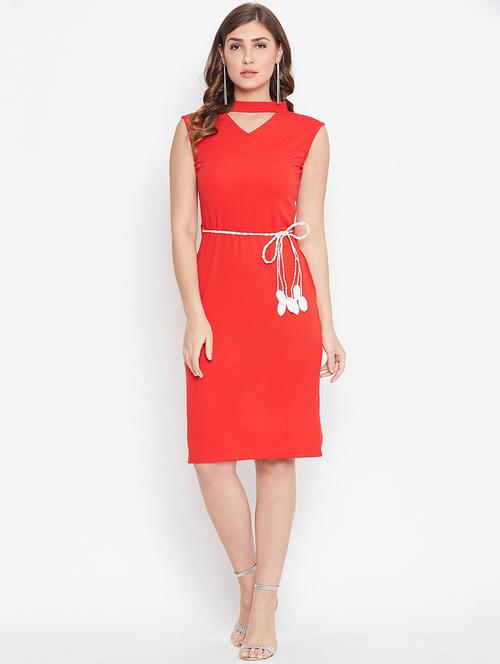 women solid red detailed shift dress - 20621779 - Very Small Image - 1