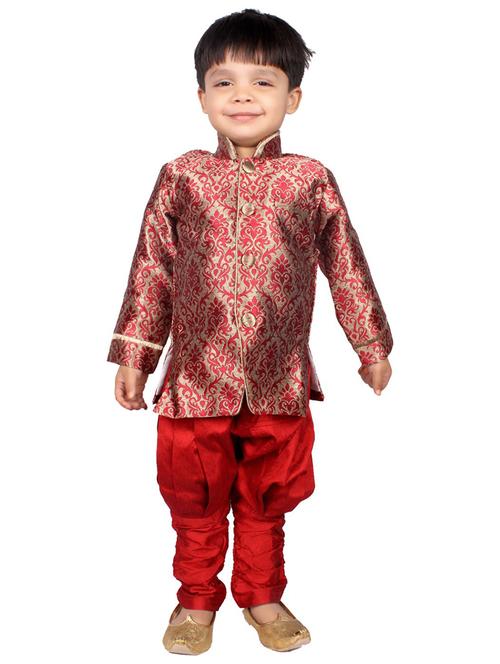 kids red self design detailed kurta set - 20621916 - Very Small Image - 1