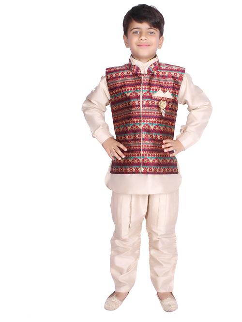 kids beige kurta & self design detailed waist coat set - 20621965 - Very Small Image - 1