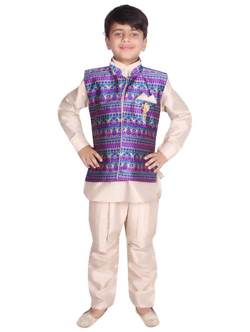 kids beige kurta & self design detailed waist coat set - 20621966 - Very Small Image - 1