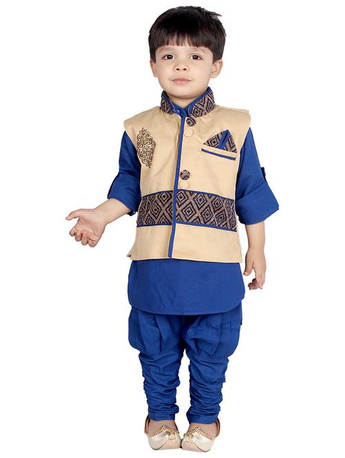kids blue kurta & self design detailed waist coat set - 20621974 - Very Small Image - 1