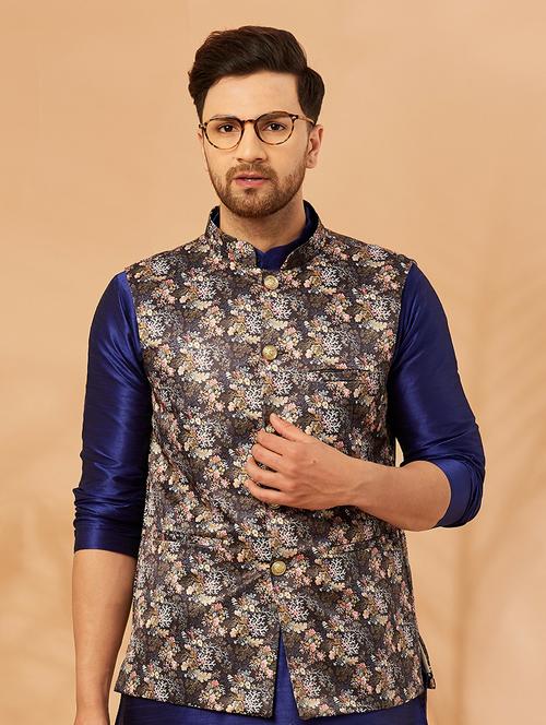 men floral print silk nehru jacket - 20621996 - Very Small Image - 1
