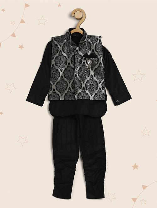 kids black kurta & self design waist coat set - 20622002 - Very Small Image - 1