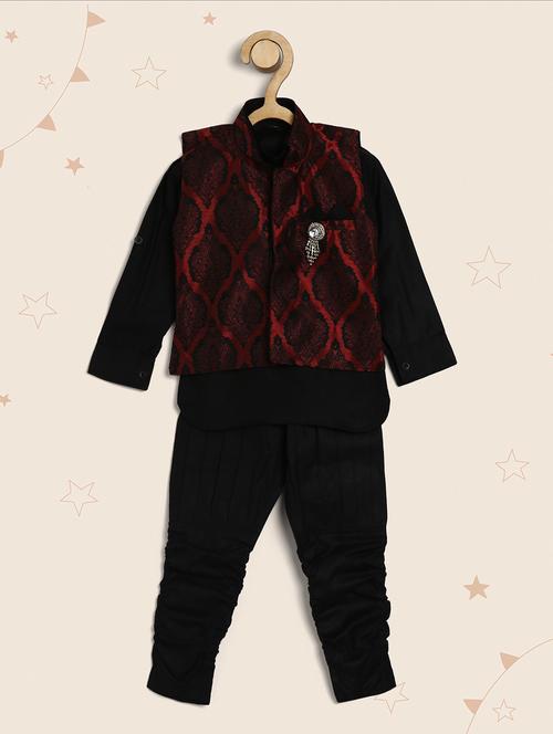 kids black kurta & red self design detailed waist coat set - 20622034 - Very Small Image - 1