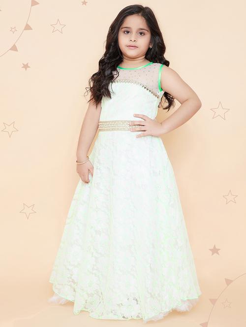 kids white self design neck detailed gown - 20622358 - Very Small Image - 1
