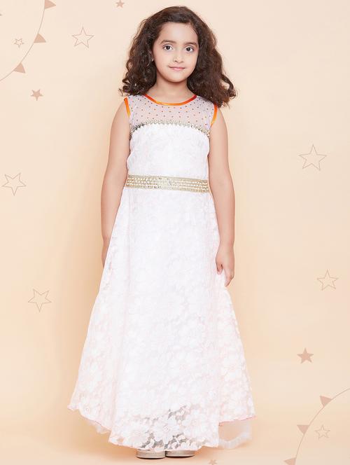 kids white self design neck detailed gown - 20622359 - Very Small Image - 1