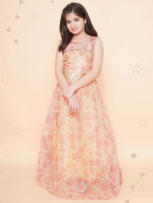 kids beige floral self design detailed gown - 20622360 - Very Small Image - 1