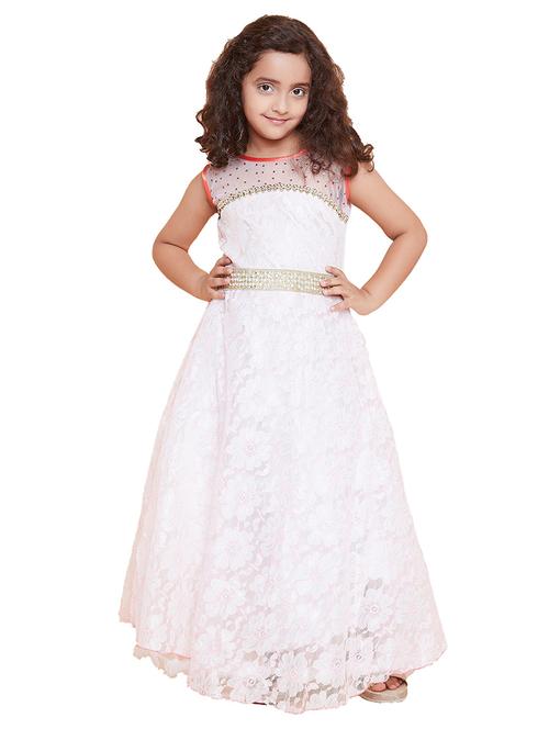 kids white self design neck detailed gown - 20622397 - Very Small Image - 1