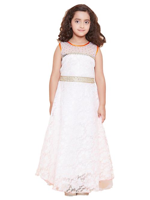 kids white self design neck detailed gown - 20622399 - Very Small Image - 1