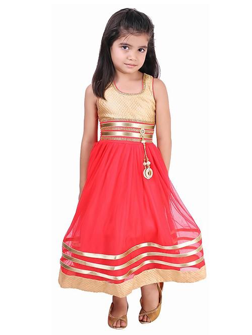 kids red self design detailed dress - 20622440 - Very Small Image - 1