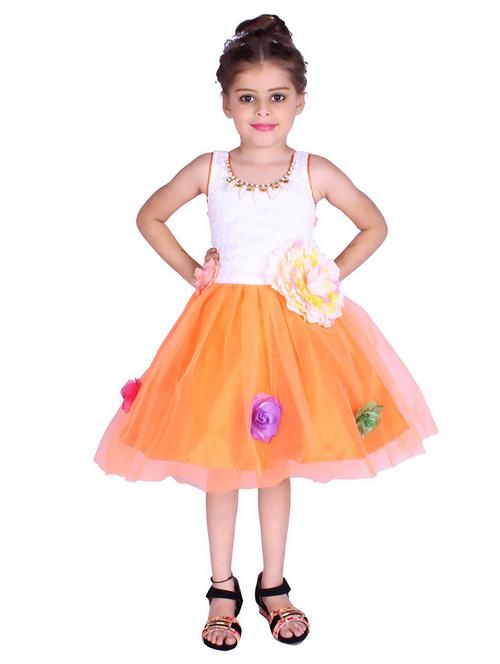 kids white & orange self design detailed frock - 20622579 - Very Small Image - 1