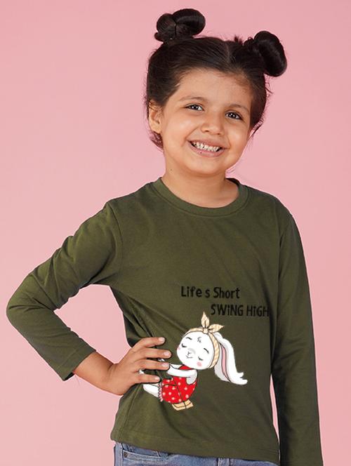 girls olive round neck graphic regular t-shirt - 20623481 - Very Small Image - 1