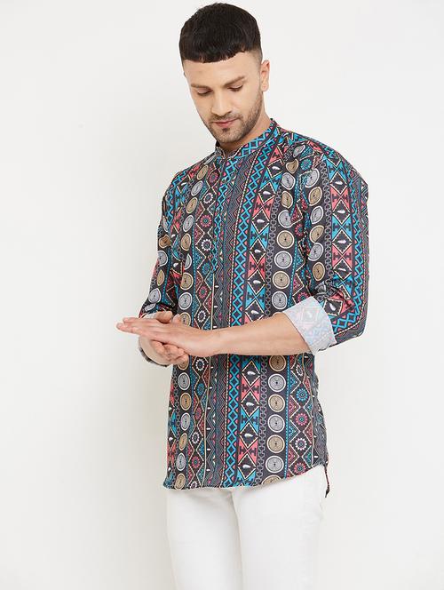 men printed cotton short kurta - 20624578 - Very Small Image - 1