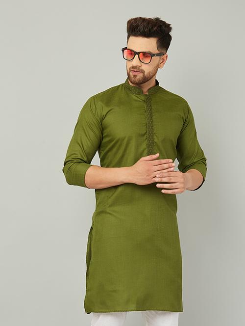 men solid with work cotton long kurta - 20624632 - Very Small Image - 1