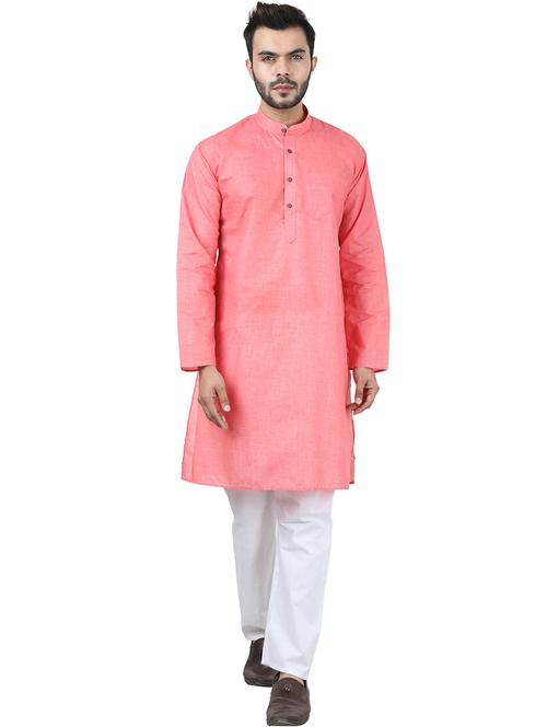 men pink & white kurta pyjama set - 20624670 - Very Small Image - 1