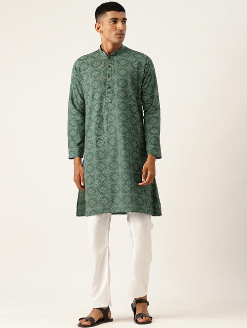 men green & white printed kurta pyjama set - 20624705 - Very Small Image - 1
