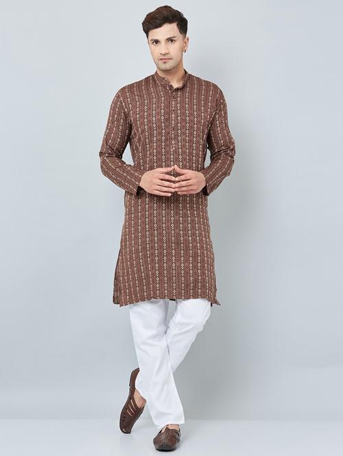 men brown printed kurta pyjama ethnic wear set - 20624722 - Very Small Image - 1