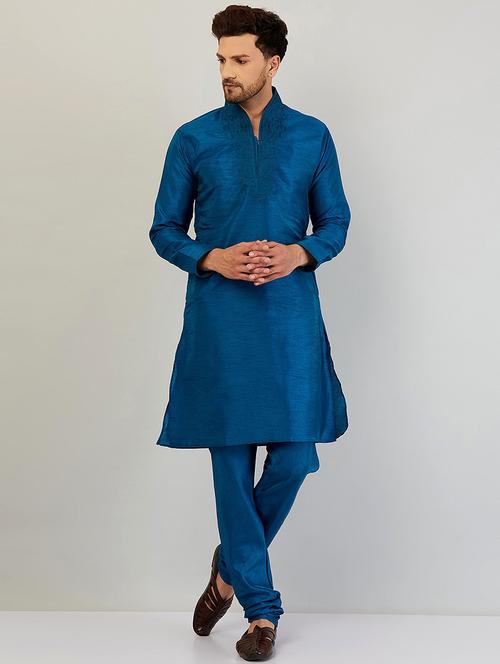 men blue embroidered kurta churidar set - 20624728 - Very Small Image - 1