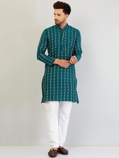 men teal green & white self design kurta pyjama set - 20624746 - Very Small Image - 1