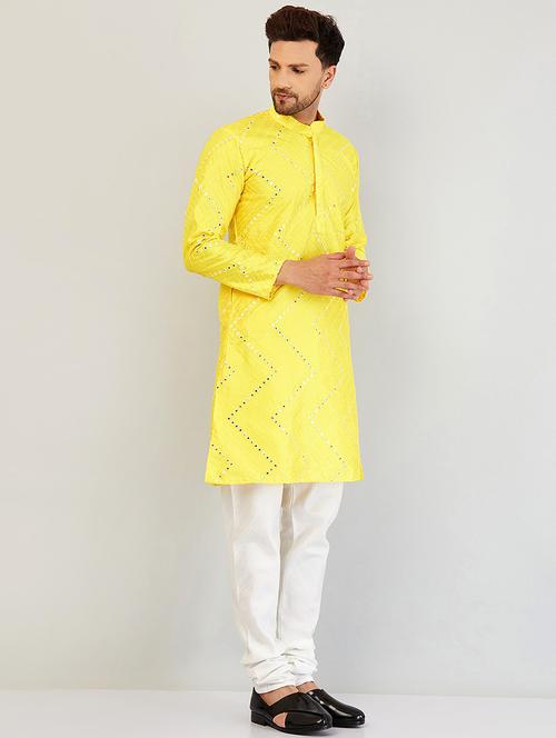 men yellow embroidered kurta pyjama ethnic wear set - 20624761 - Very Small Image - 1
