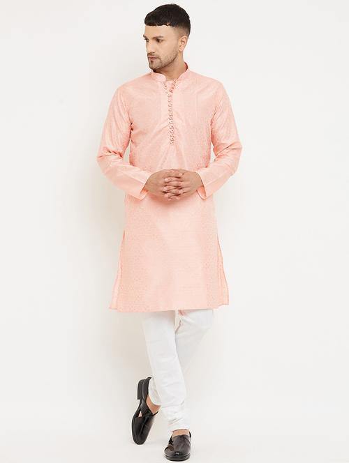 men light pink & white self design kurta churidar set - 20624766 - Very Small Image - 1
