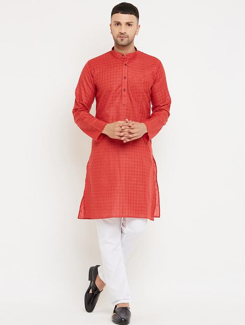 men orange check printed kurta pyjama ethnic wear set - 20624779 - Very Small Image - 1