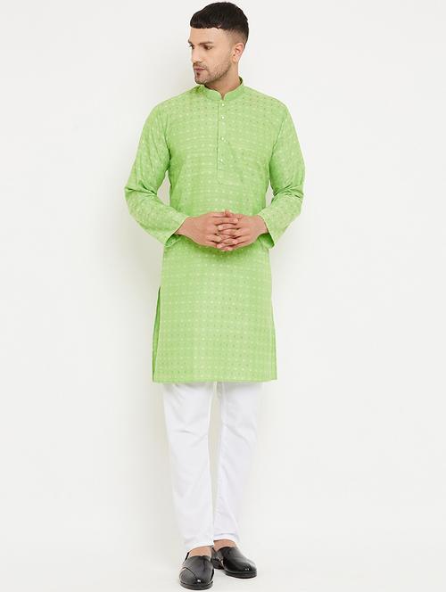 men light green & white printed kurta pyjama set - 20624790 - Very Small Image - 1