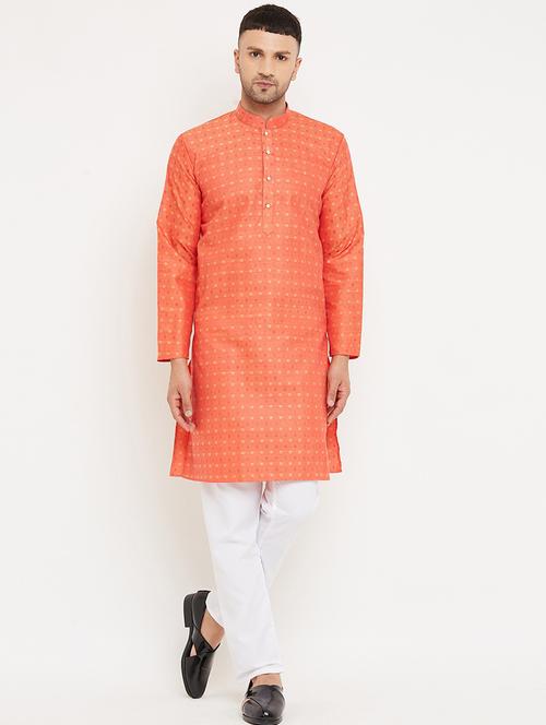 men orange self design kurta pyjama ethnic wear sets - 20624791 - Very Small Image - 1