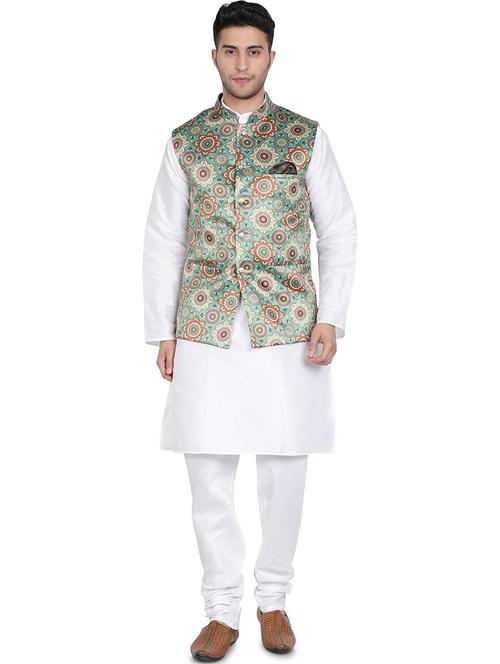men white solid kurta pyjama with multi color printed jacket ethnic wear set - 20624811 - Very Small Image - 1