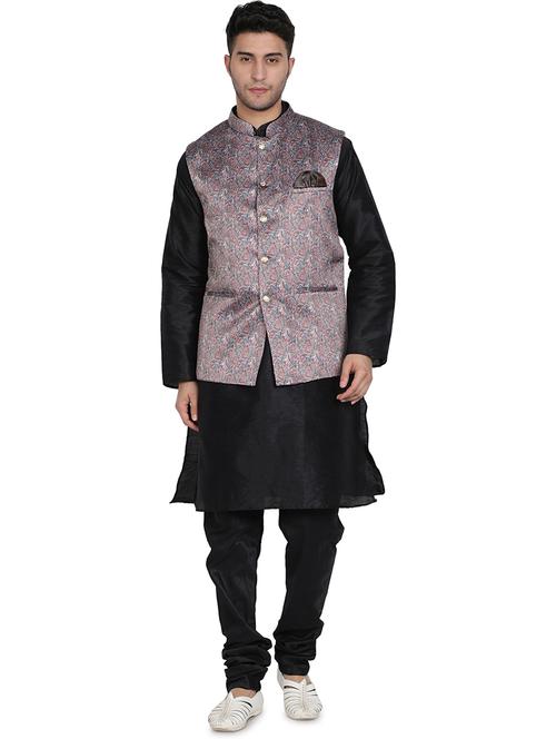 men black solid kurta pyjama with multi color printed jacket ethnic wear set - 20624824 - Very Small Image - 1