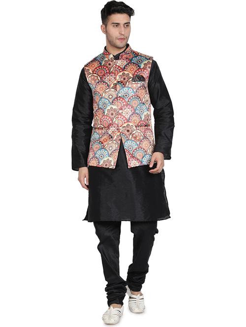 men black solid kurta pyjama with multi color printed jacket ethnic wear set - 20624826 - Very Small Image - 1