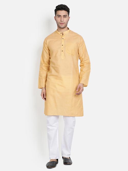men yellow & white solid kurta pyjama set - 20624835 - Very Small Image - 1