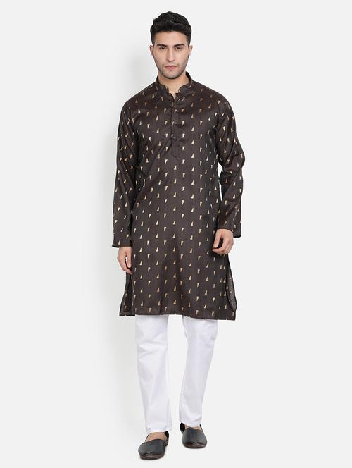 men coffee brown ethnic motif printed kurta pyjama ethnic wear set - 20624840 - Very Small Image - 1