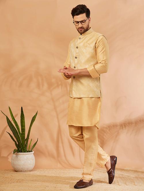 men beige solid kurta pyjama with self design jacket ethnic wear set - 20624856 - Very Small Image - 1