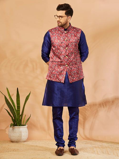 men solid kurta pyjama with printed jacket - 20624880 - Very Small Image - 1