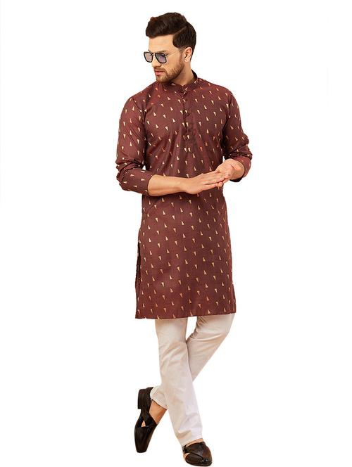 men maroon & white printed kurta pyjama set - 20624900 - Very Small Image - 1