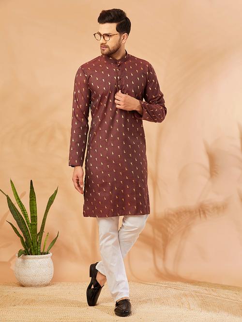 men maroon printed kurta pyjama ethnic wear set - 20624919 - Very Small Image - 1