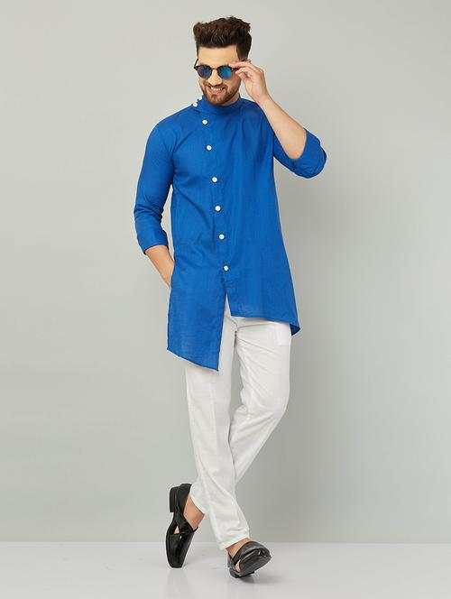 men blue & white asymmetric kurta pyjama set - 20624936 - Very Small Image - 1