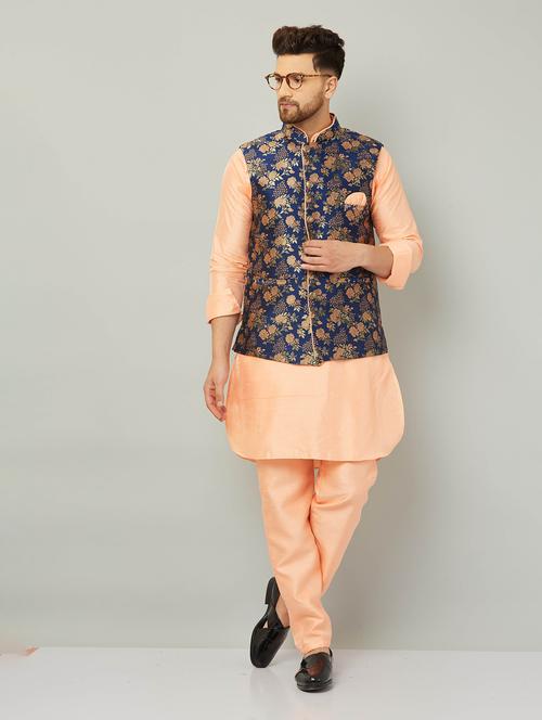men peach solid kurta pyjama with self designed jacket ethnic wear set - 20624942 - Very Small Image - 1