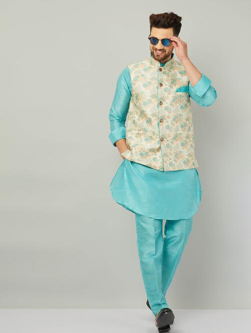 men light blue solids kurta pyjama with jacket ethnic wear sets - 20624945 - Very Small Image - 1