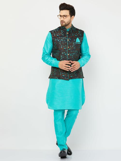 women light blue solids kurta pyjama with jacket ethnic wear sets - 20624989 - Very Small Image - 1