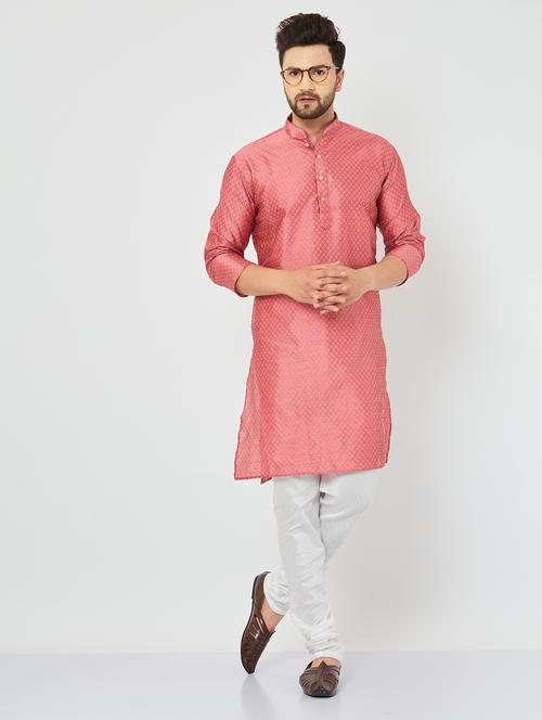 men coral & white printed kurta churidar set - 20625036 - Very Small Image - 1