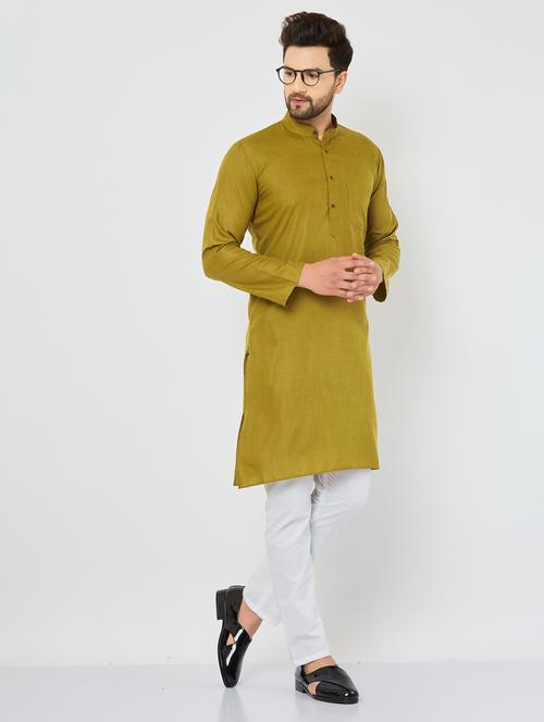 men olive & white solid kurta churidar set - 20625044 - Very Small Image - 1