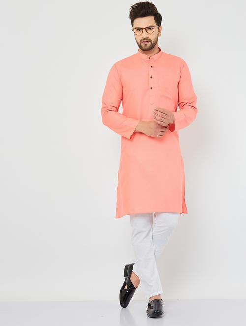men peach solid kurta pyjama ethnic wear set - 20625047 - Very Small Image - 1